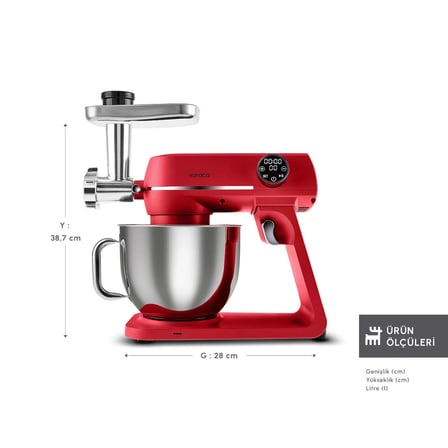 Karaca Multichef Artisan Kıyma Çekme/ Sucuk-Sosis/İçli Köfte Aparatlı Digital Ekran Tam Döküm Kıyma Aparatlı Hamur Yoğurma Makinesi Red 7L