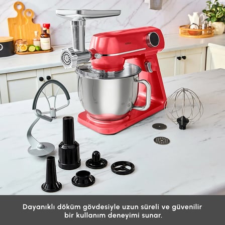 Karaca Multichef Artisan Kıyma Çekme/ Sucuk-Sosis/İçli Köfte Aparatlı Digital Ekran Tam Döküm Kıyma Aparatlı Hamur Yoğurma Makinesi Red 7L