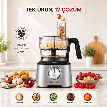 Karaca 2500 W Güçlü 12’si 1 Arada Mutfak Robotu, 1,5 L Hazne, 1 L Blender Sürahisi, Dört Bıçaklı