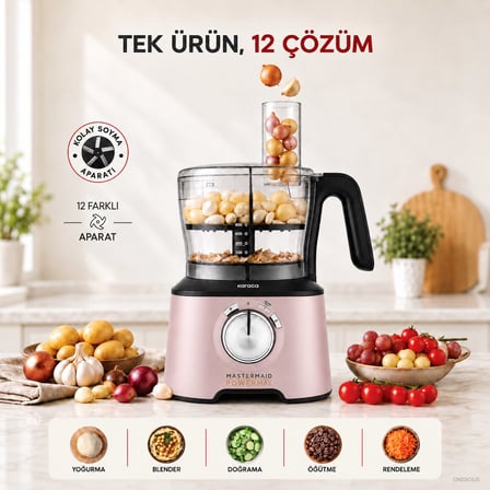 Karaca 2500 W Güçlü 12’si 1 Arada Mutfak Robotu, 1,5 L Hazne, 1 L Blender Sürahisi, Dört Bıçaklı