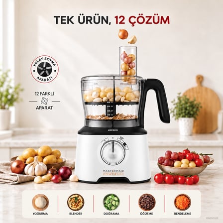 Karaca 2500 W Güçlü 12’si 1 Arada Mutfak Robotu, 1,5 L Hazne, 1 L Blender Sürahisi, Dört Bıçaklı
