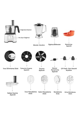 Karaca 2500 W Güçlü 12’si 1 Arada Mutfak Robotu, 1,5 L Hazne, 1 L Blender Sürahisi, Dört Bıçaklı