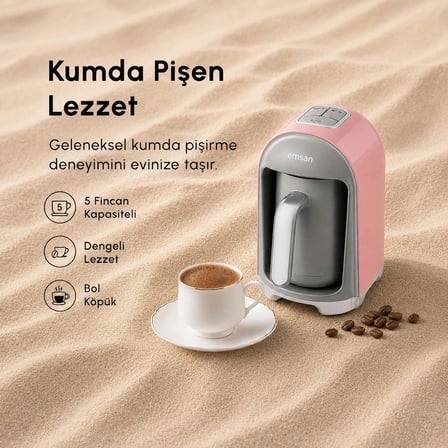 Emsan Kumda Türk Kahve Makinesi Pearly Pink 5 Fincan Kapasiteli 735 W