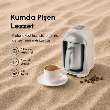  Emsan Kumda Türk Kahve Makinesi  Krem 5 Fincan Kapasiteli 735 W