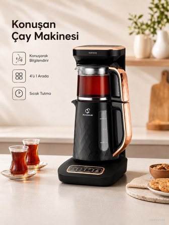 Karaca Akıllı Elektrikli Çay Makinesi Cam Çaydanlık Otomatik Çay Demleyen Konuşan Çaycı 4 İşlevli