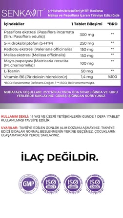 senkavit 5 HTP, Valeriana, Melisa, L-Teanin ve Vitamin B6 içeren 60 Lı Tablet