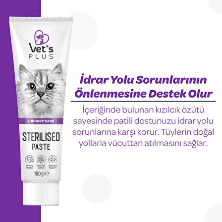 Vet's Plus Sterilised 100 gr Kısır Kediler için Tüy Yumağı Önleyici Malt Macun