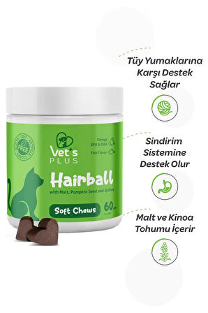Vet's Plus Hairball Çiğnenebilir Tablet 60'lı (Malt ve Kionalı Tüy Yumağı Önleyici)