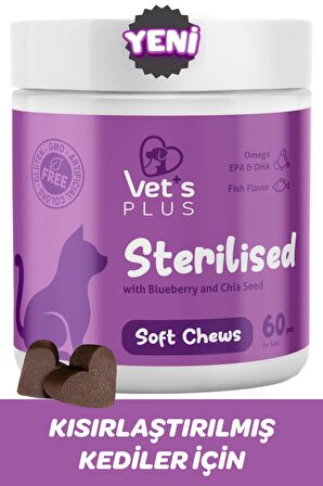 Vet's Plus Sterilised Yaban Mersinli Kısır Kediler için Urinary Destek 60'lı Çiğnenebilir Tablet