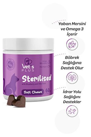 Vet's Plus Sterilised Yaban Mersinli Kısır Kediler için Urinary Destek 60'lı Çiğnenebilir Tablet