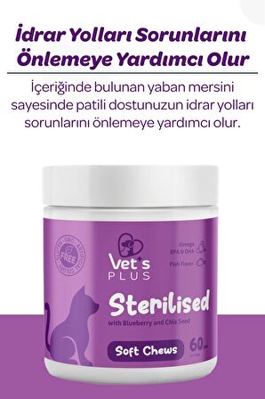 Vet's Plus Sterilised Yaban Mersinli Kısır Kediler için Urinary Destek 60'lı Çiğnenebilir Tablet