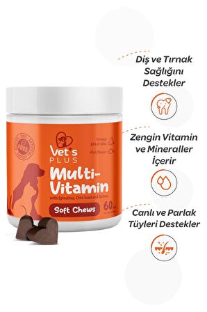 Vet's Plus Multi-Vitamin Kedi ve Köpekler İçin Spirulinalı Vitamin Çiğnenebilir Tablet (60'lı)