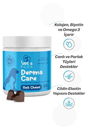 Vet's Plus Derma Care Kedi ve Köpekler için Deri ve Tüy Sağlığı Destekleyici 60'lı Çiğnenebilir Tablet