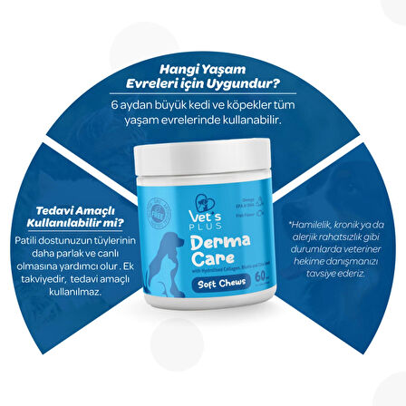 Vet's Plus Derma Care Kedi ve Köpekler için Deri ve Tüy Sağlığı Destekleyici 60'lı Çiğnenebilir Tablet