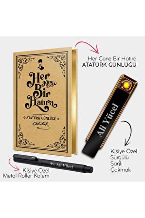 Kişiye Özel - Sürgülü Şarjlı Çakmak - Metal Roller Kalem ve Atatürk Günlüğü