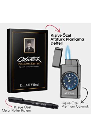 Kişiye Özel - Kalpaklı Siyah Planlama Defteri - Piano Black Saatli Çakmak - Metal Roller Kalem