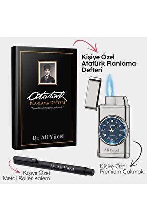Kişiye Özel - Kalpaklı Siyah Planlama Defteri - Silver Saatli Çakmak - Metal Roller Kalem