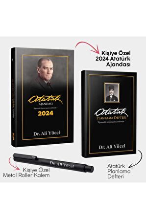 Kişiye Özel - Ankara 2024 Atatürk Ajandası - Kalpaklı Siyah Planlama Defteri ve Metal Roller Kalem