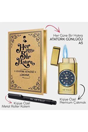 Kişiye Özel - Brushed Gold Saatli Çakmak - Metal Roller Kalem ve Atatürk Günlüğü A5