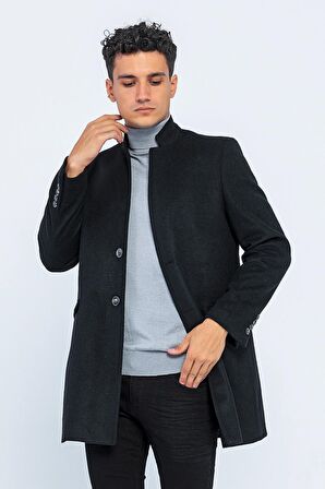 Erkek Dik Yaka Düğmeli Yünlü Uzun Klasik Kaşe Kaban
