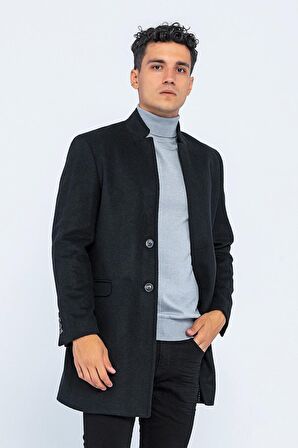 Erkek Dik Yaka Düğmeli Yünlü Uzun Klasik Kaşe Kaban