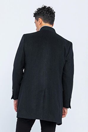 Erkek Dik Yaka Düğmeli Yünlü Uzun Klasik Kaşe Kaban