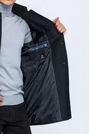 Erkek Dik Yaka Düğmeli Yünlü Uzun Klasik Kaşe Kaban