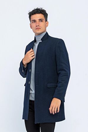 Erkek Dik Yaka Düğmeli Yünlü Uzun Klasik Kaşe Kaban