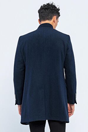 Erkek Dik Yaka Düğmeli Yünlü Uzun Klasik Kaşe Kaban