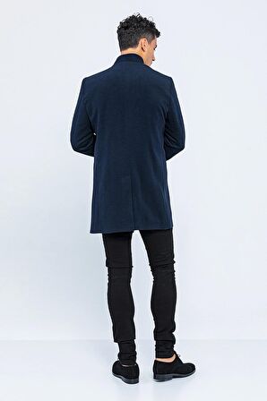 Erkek Dik Yaka Düğmeli Yünlü Uzun Klasik Kaşe Kaban