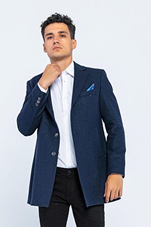 Erkek Slim Fit Düz Renk Astarlı Kışlık Yünlü Klasik Kaşe Kaban