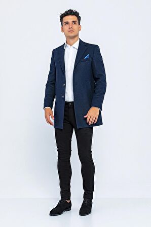 Erkek Slim Fit Düz Renk Astarlı Kışlık Yünlü Klasik Kaşe Kaban