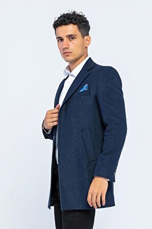 Erkek Slim Fit Düz Renk Astarlı Kışlık Yünlü Klasik Kaşe Kaban