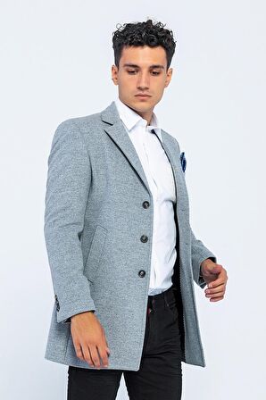 Erkek Slim Fit Düz Renk Astarlı Kışlık Yünlü Klasik Kaşe Kaban