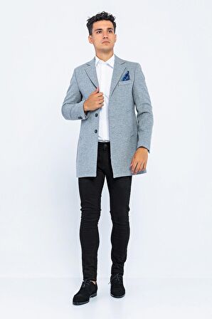 Erkek Slim Fit Düz Renk Astarlı Kışlık Yünlü Klasik Kaşe Kaban