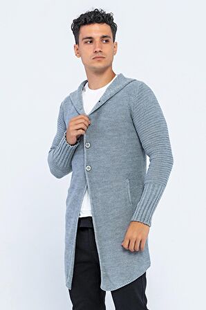 Erkek Kapüşonlu Düğmeli Asimetrik Triko Uzun Rahat Spor Hırka