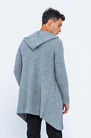 Erkek Kapüşonlu Düğmeli Asimetrik Triko Uzun Rahat Spor Hırka