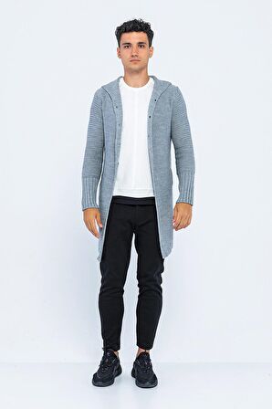 Erkek Kapüşonlu Düğmeli Asimetrik Triko Uzun Rahat Spor Hırka