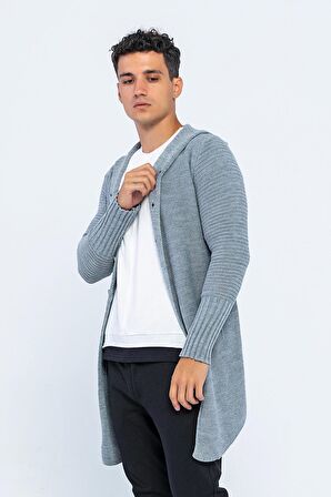 Erkek Kapüşonlu Düğmeli Asimetrik Triko Uzun Rahat Spor Hırka