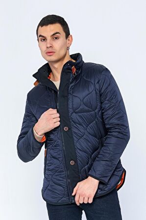 Erkek Slim Fit Dik Yaka Fermuarlı Düğmeli Cepli Kalın Kapitone Şişme Mont
