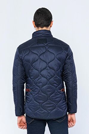 Erkek Slim Fit Dik Yaka Fermuarlı Düğmeli Cepli Kalın Kapitone Şişme Mont