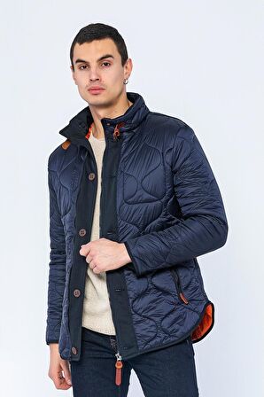 Erkek Slim Fit Dik Yaka Fermuarlı Düğmeli Cepli Kalın Kapitone Şişme Mont