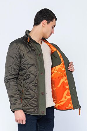 Erkek Slim Fit Dik Yaka Fermuarlı Düğmeli Cepli Kalın Kapitone Şişme Mont