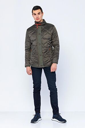 Erkek Slim Fit Dik Yaka Fermuarlı Düğmeli Cepli Kalın Kapitone Şişme Mont