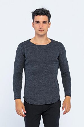 Erkek Regular Fit Düz Renk Bisiklet Yaka Kalın Triko Kazak