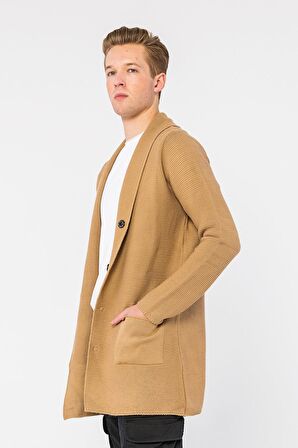 Erkek Regular Fit Çıtçıtlı Cepli Örme Uzun Triko Hırka