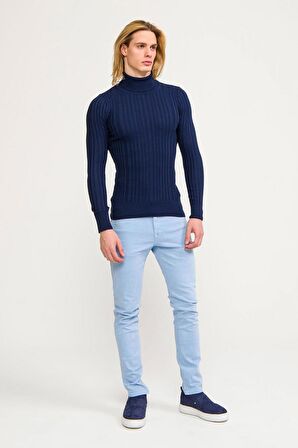 Erkek Slim Fit Fitilli Likralı Düz Renkli Triko Boğazlı Kazak