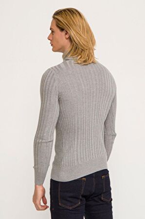 Erkek Slim Fit Fitilli Likralı Düz Renkli Triko Boğazlı Kazak