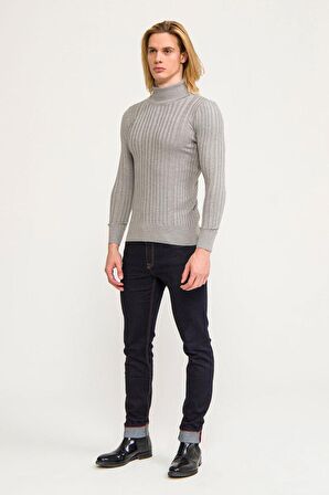 Erkek Slim Fit Fitilli Likralı Düz Renkli Triko Boğazlı Kazak