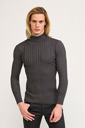 Erkek Slim Fit Fitilli Likralı Düz Renkli Triko Boğazlı Kazak